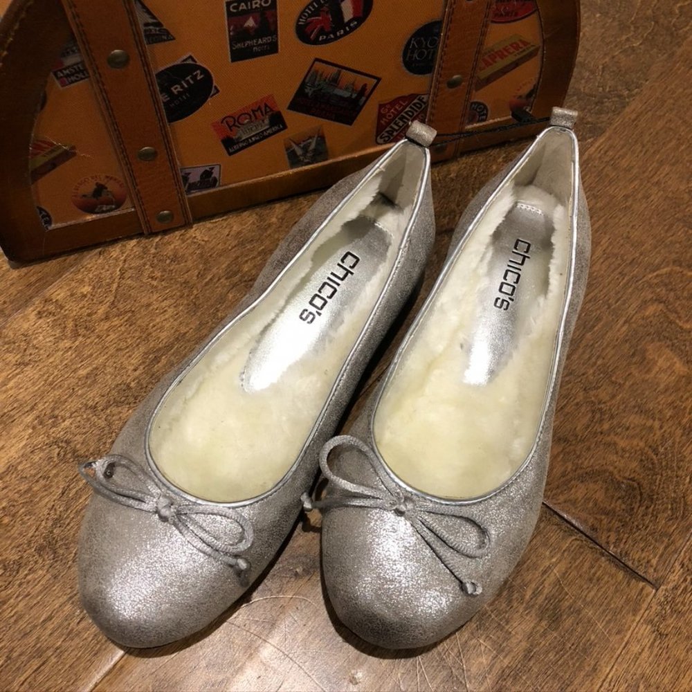 Chico's Silver Slip on Flats with Faux Fur Lining